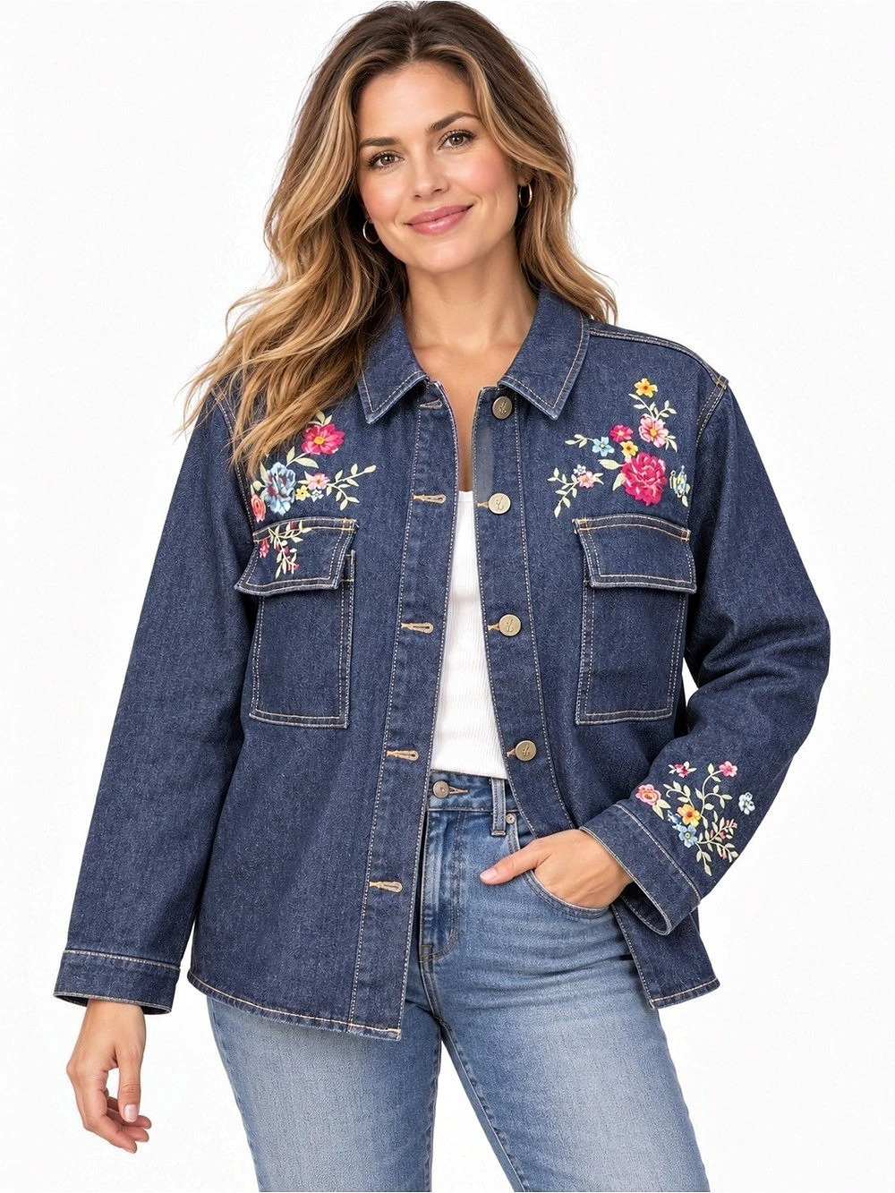 Driftwood Dark Wash Floral Embroidered Denim Jacket Women Size XL